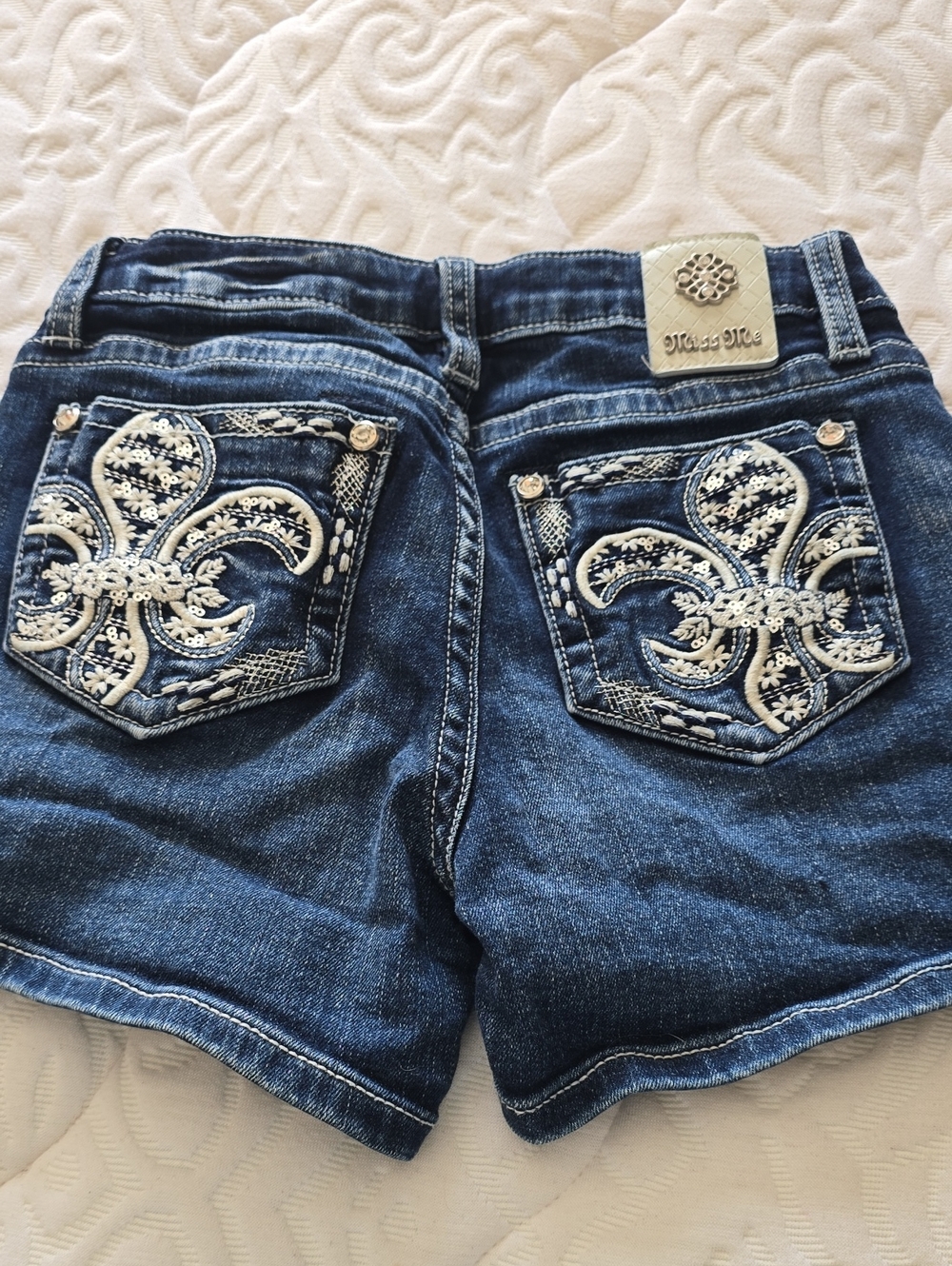 Miss Me Indigo Denim Shorts with White Embroidered Fleur-de-Lis